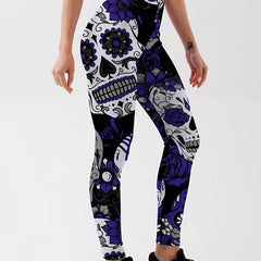 Flower & Skull Print Yoga Leggings Halloween Fitness Workout Pants