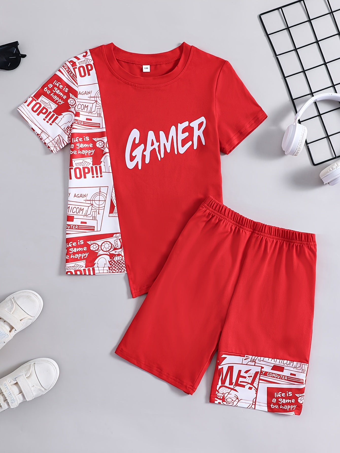 Boys Summer Casual Letter Spliced Outfit Short Sleeve Top & Shorts Set