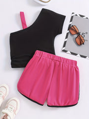 Girls 2pcs One Shoulder Short Sleeve Top & Short Sets Summer Clothes