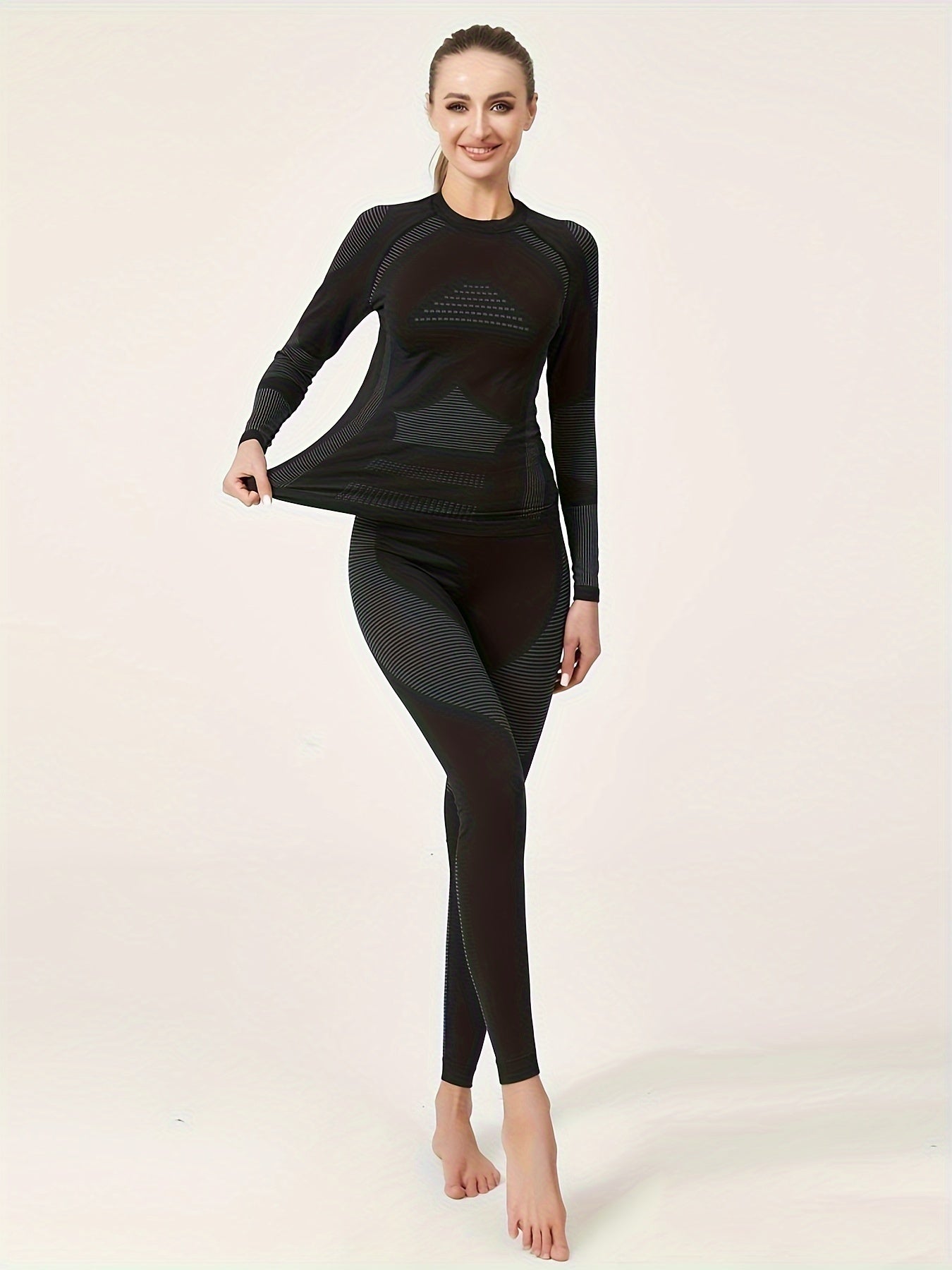 2pcs Thermal Underwear Set Long Sleeves Tops & Leggings Suit Women's Activewear