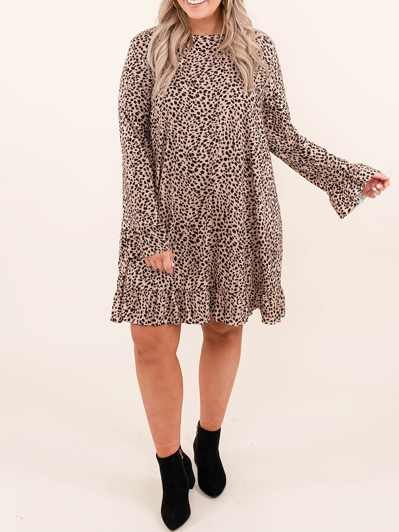 Leopard Print Flounce Sleeve Loose Fit Dress