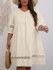 Casual Dress Women's Plus Solid Lace Panel Sleeve Loose Dress