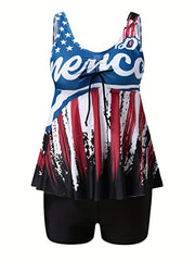 Independence Swimsuit Set Flag Print V Neck Tie Front Tank Top & Short
