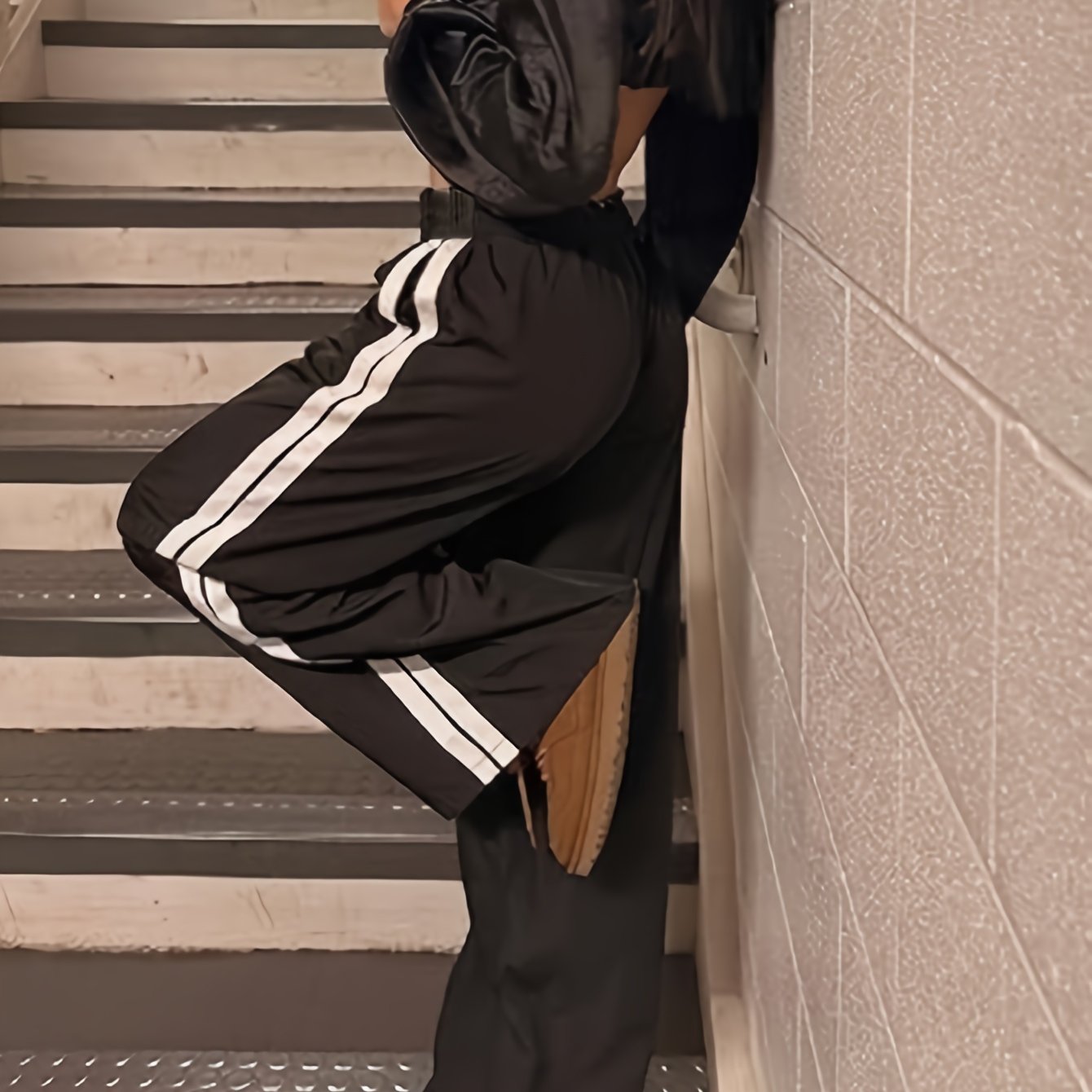 Block Stripes Side Loose Pants Elastic Waist Casual Running Pants