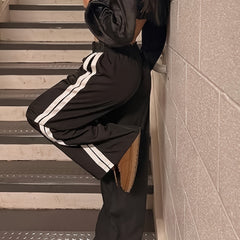 Block Stripes Side Loose Pants Elastic Waist Casual Running Pants
