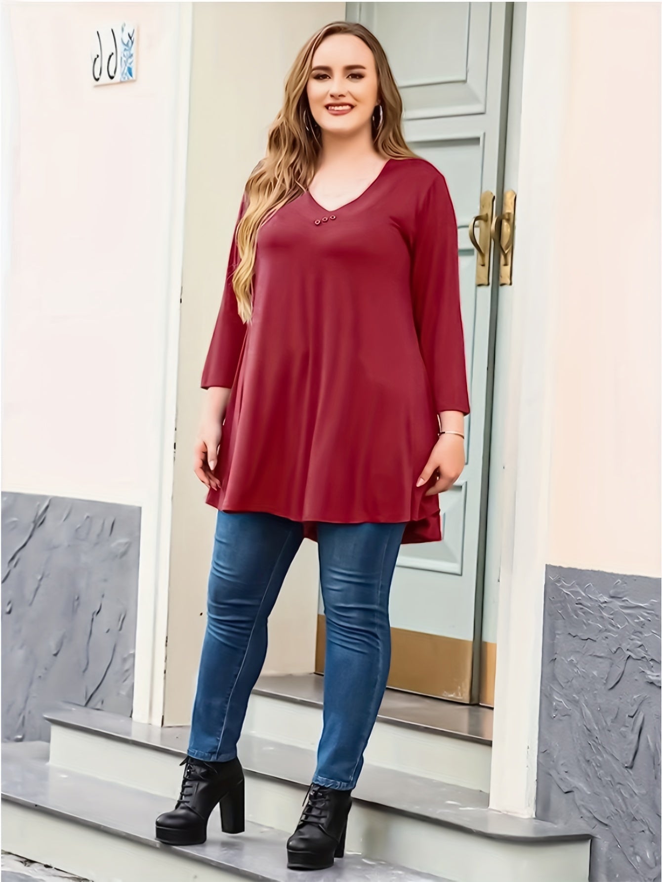 Casual Knit Top V Neck Tunic