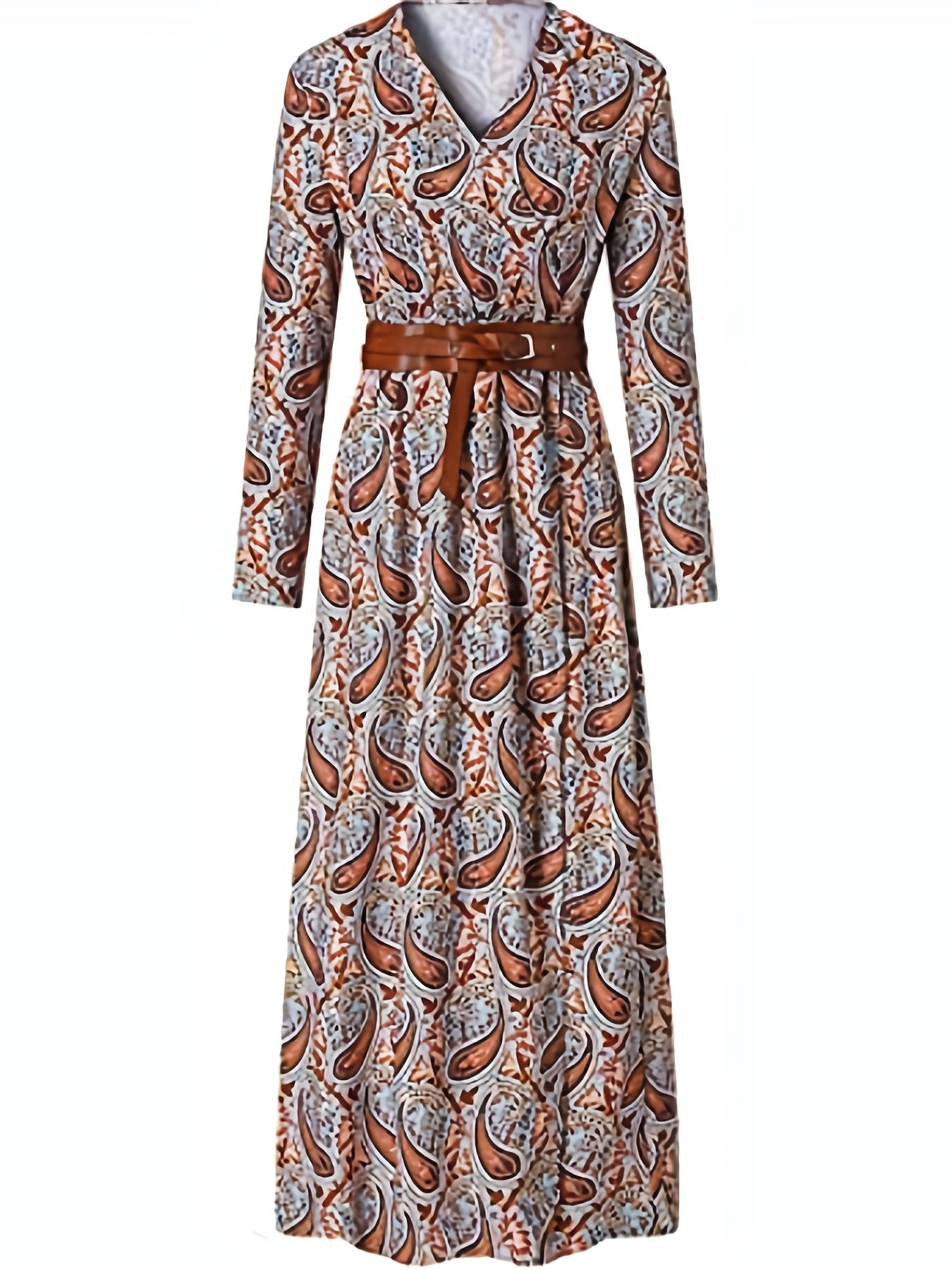 Paisley Print V Neck Dress Boho Long Sleeve High Waist Maxi Dress