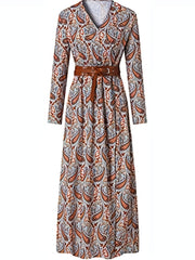Paisley Print V Neck Dress Boho Long Sleeve High Waist Maxi Dress