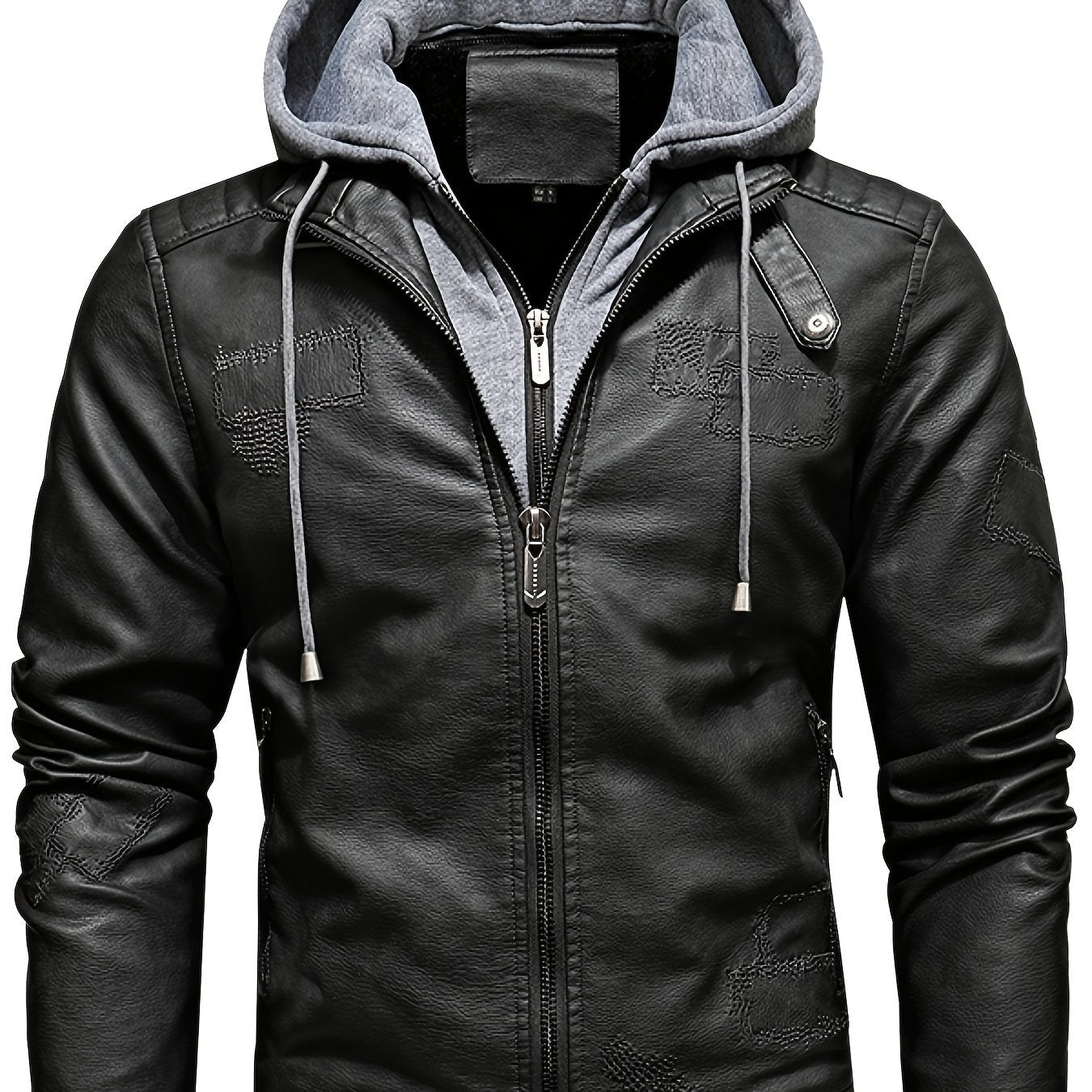 Men's Removable Hooded PU Leather Jacket Slim Fit Zipper Fleece Jacket