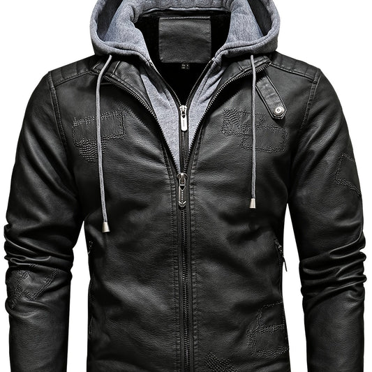 Men's Removable Hooded PU Leather Jacket Slim Fit Zipper Fleece Jacket