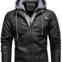 Men's Removable Hooded PU Leather Jacket Slim Fit Zipper Fleece Jacket