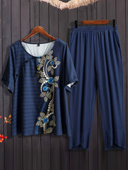 Casual Outfits Women's Floral & Stripe Print Tee & Harem Pants Set