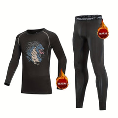 2pcs Kids Fleece Lined Compression Base Set Monster Print Long Sleeve & Leggings