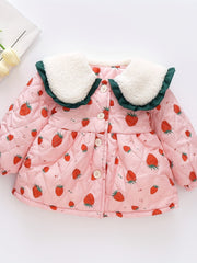 Winter Baby Girl Strawberry Graphic Thick Jacket Windproof Warm Toddler Coat