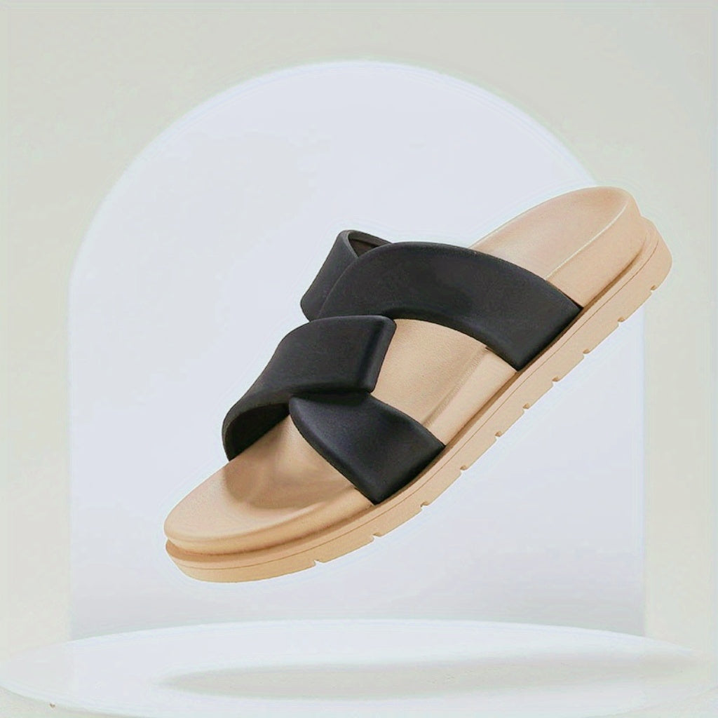Women's Cross Strap Flat Slides Open Toe Solid Slip On Shoes