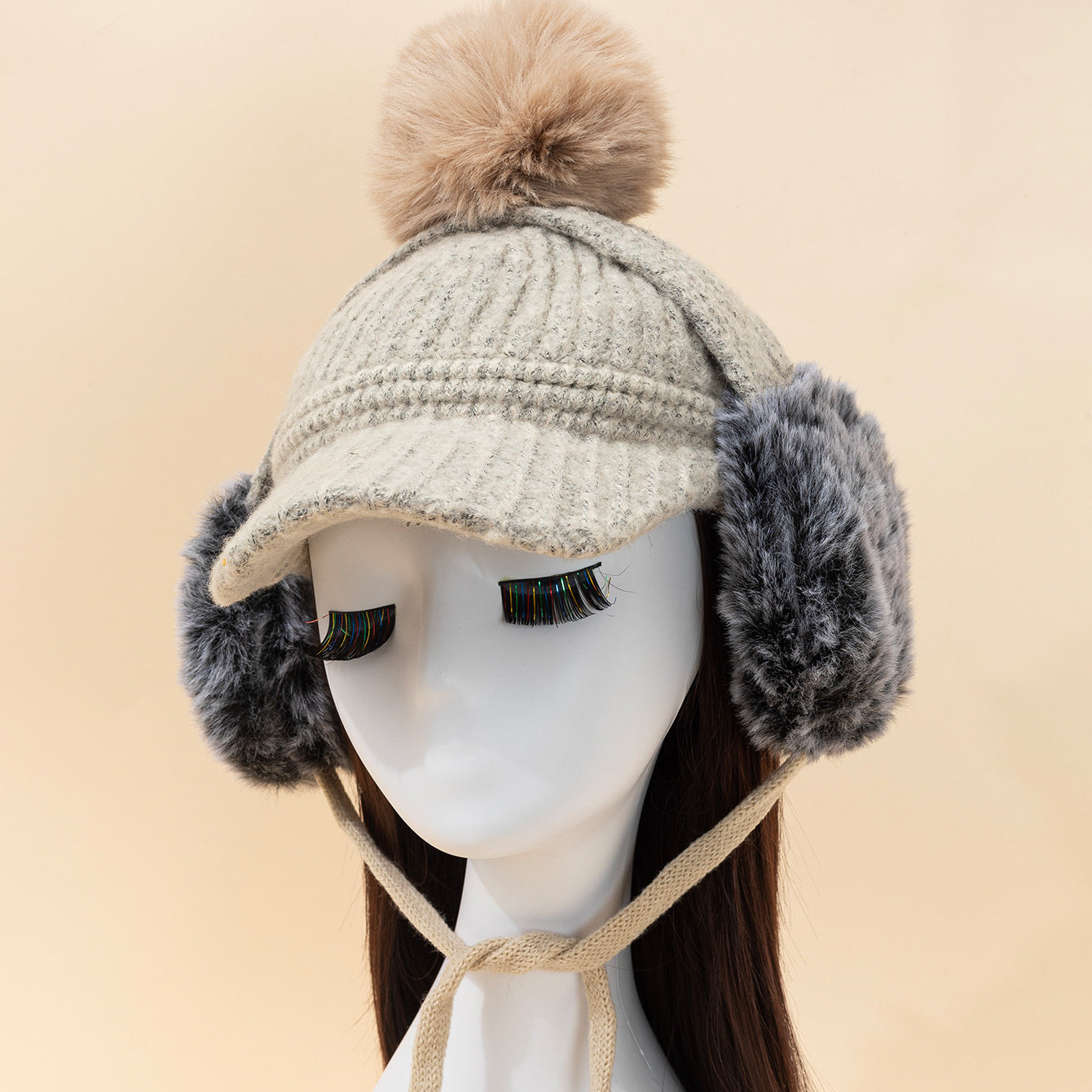 Beige Pompom Baseball Cap Winter Knit Hat With Earmuffs