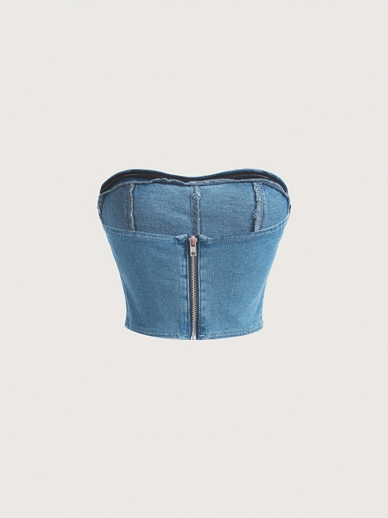 Slim Fit Denim Tube Top Off The Shoulder Zip Back Denim Bandeau
