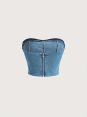 Slim Fit Denim Tube Top Off The Shoulder Zip Back Denim Bandeau