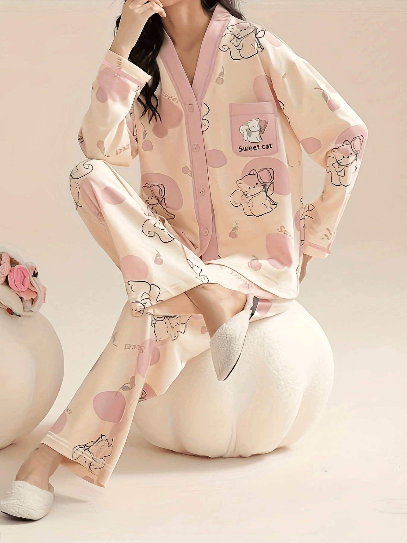 Cartoon Cat Pajama Set Long Sleeve V Neck Top & Elastic Waistband