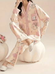 Cartoon Cat Pajama Set Long Sleeve V Neck Top & Elastic Waistband
