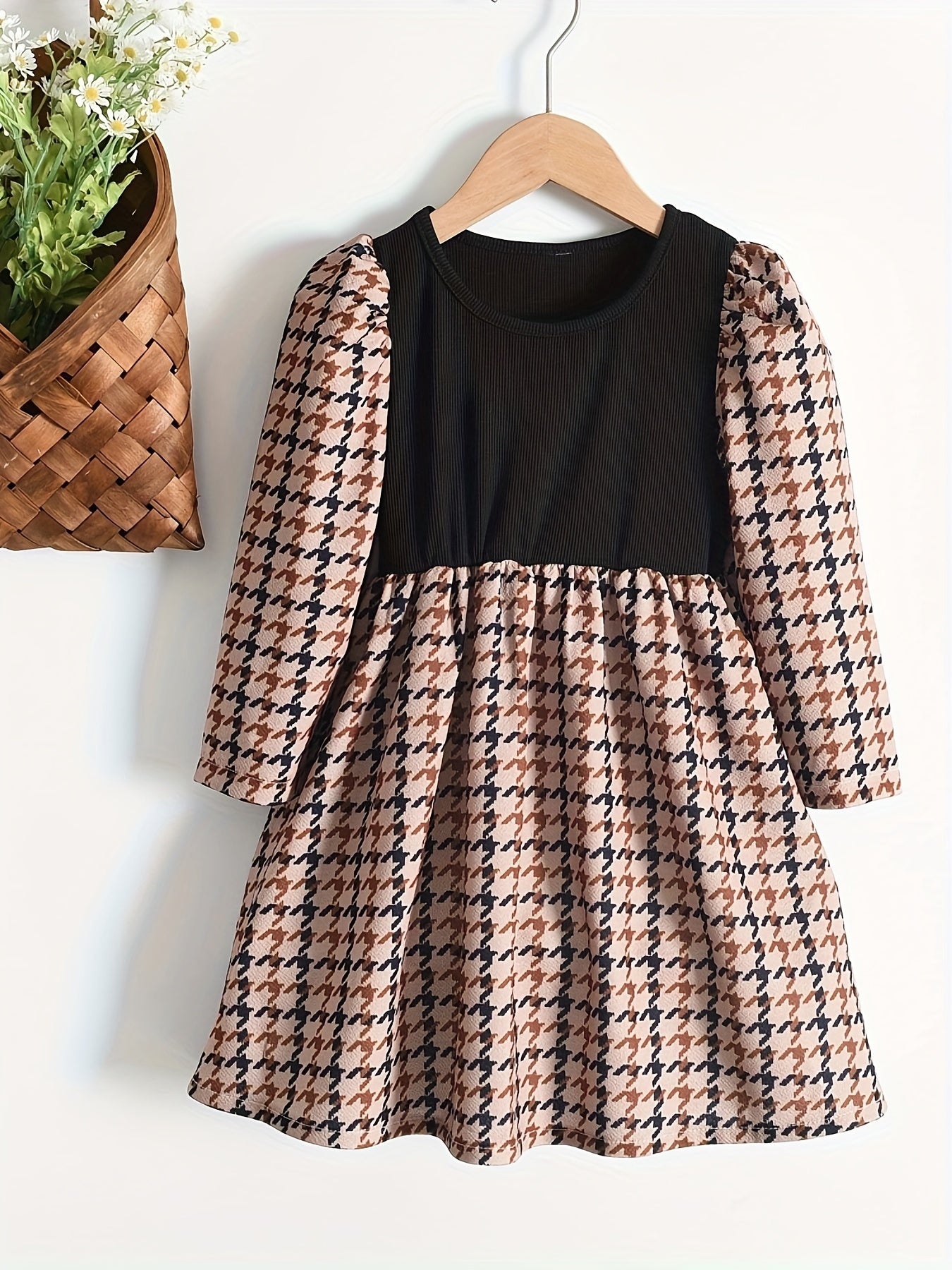 Girls Houndstooth Patchwork Dress Spring Fall