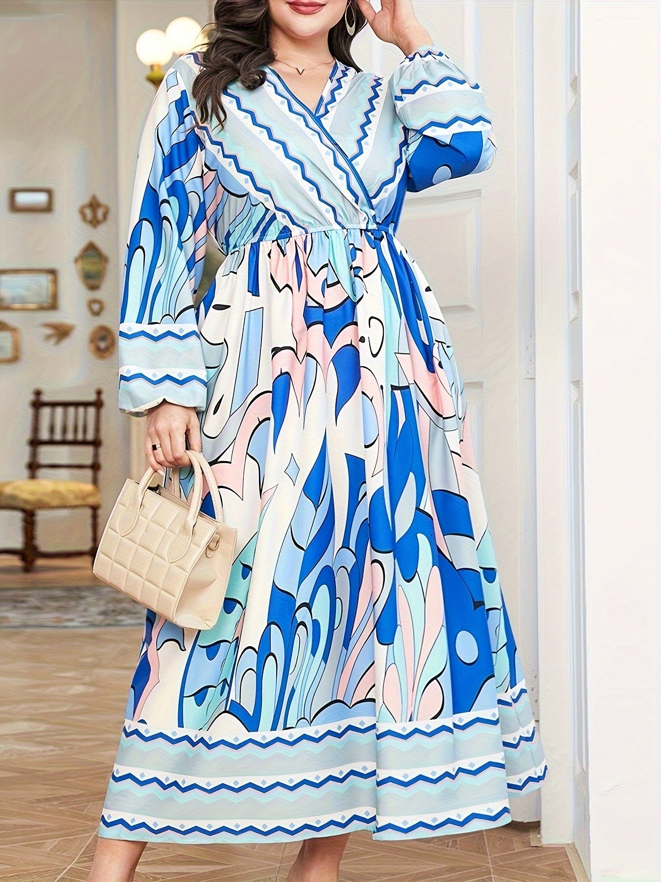 Colorblock Geometric Print Long Sleeve Maxi Dress