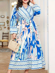 Colorblock Geometric Print Long Sleeve Maxi Dress