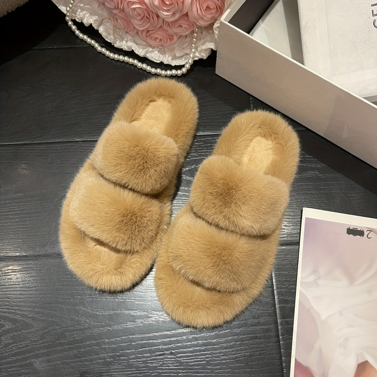 Fluffy Two Bands Slippers Solid Open Toe Slip On Plush Shoes Cozy & Warm