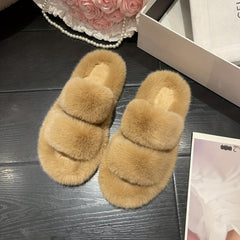 Fluffy Two Bands Slippers Solid Open Toe Slip On Plush Shoes Cozy & Warm