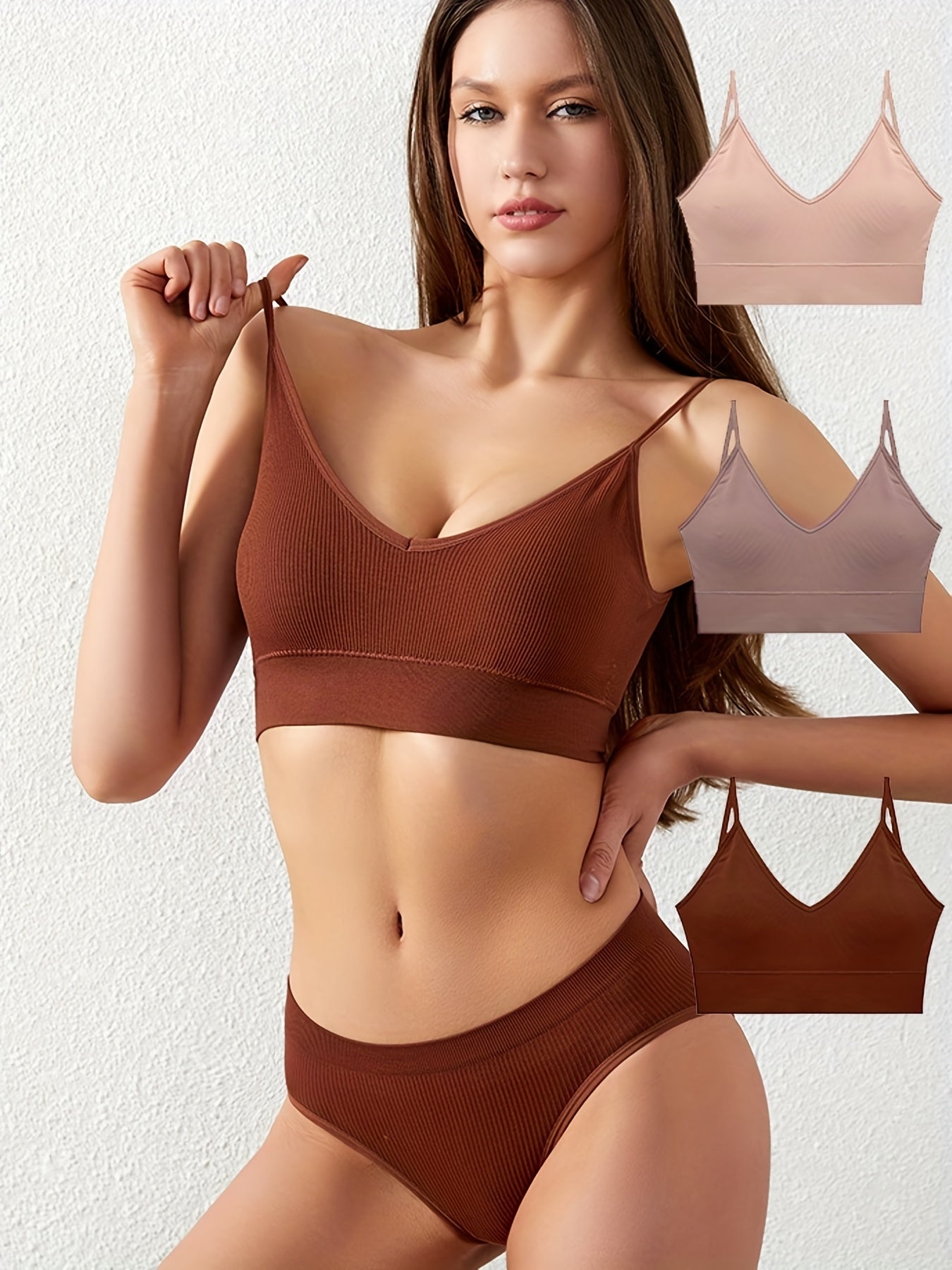 3pcs Ribbed Wireless Bras Comfortable Breathable Bralettes Women's Lingerie