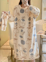 Duck Print NightDress Crew Neck Pajama Dress Women's Sleepwear
