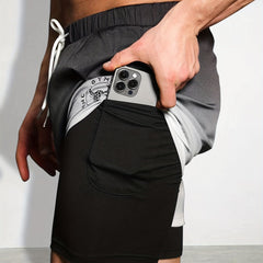 Men's Double Layer Sports Shorts with Zipper Pocket