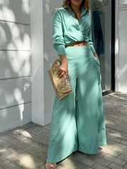 Casual Two Piece Set Long Sleeve Blouse & Wide Leg Pants Outfit
