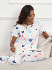 Heart Print Pajamas Set Short Sleeve Tee & Lounge Pants Women's Sleepwear