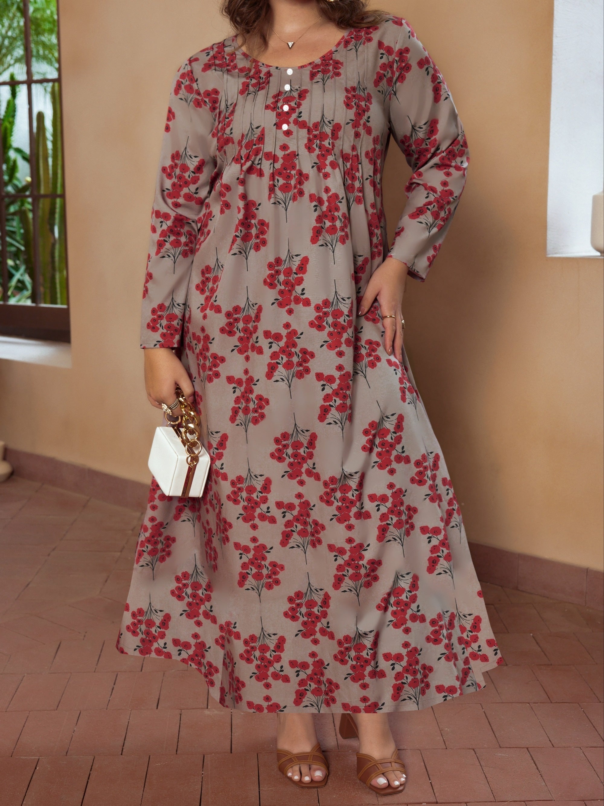 Boho Dress Women's Plus Floral Print Long Sleeve V Neck Dress