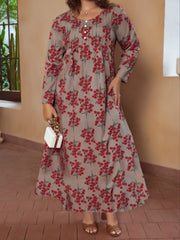 Boho Dress Women's Plus Floral Print Long Sleeve V Neck Dress