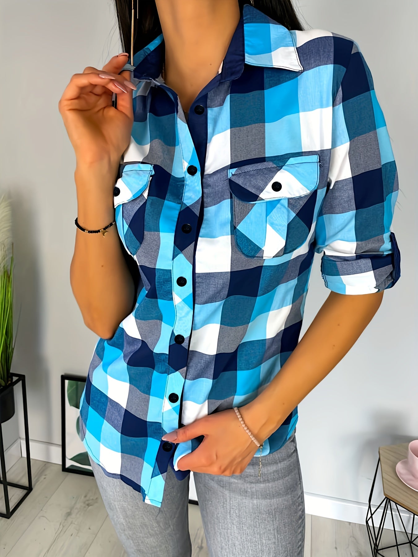 Plus Size Plaid Print Button Up Long Sleeve Shirt