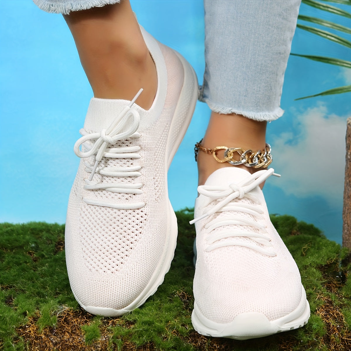 Women's Knitted Sports Shoes Lightweight Lace Up Non Slip Running Shoes