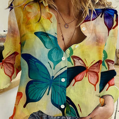 Butterfly Print Button Up Long Sleeve Blouse