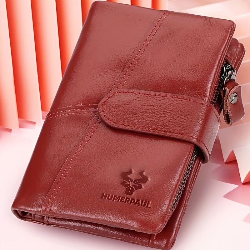 Women's Red Leather Bifold Wallet RFID Zipper Snap Closure