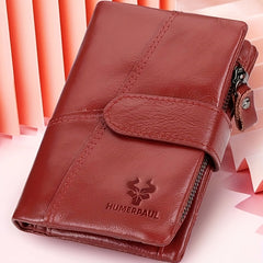 Women's Red Leather Bifold Wallet RFID Zipper Snap Closure