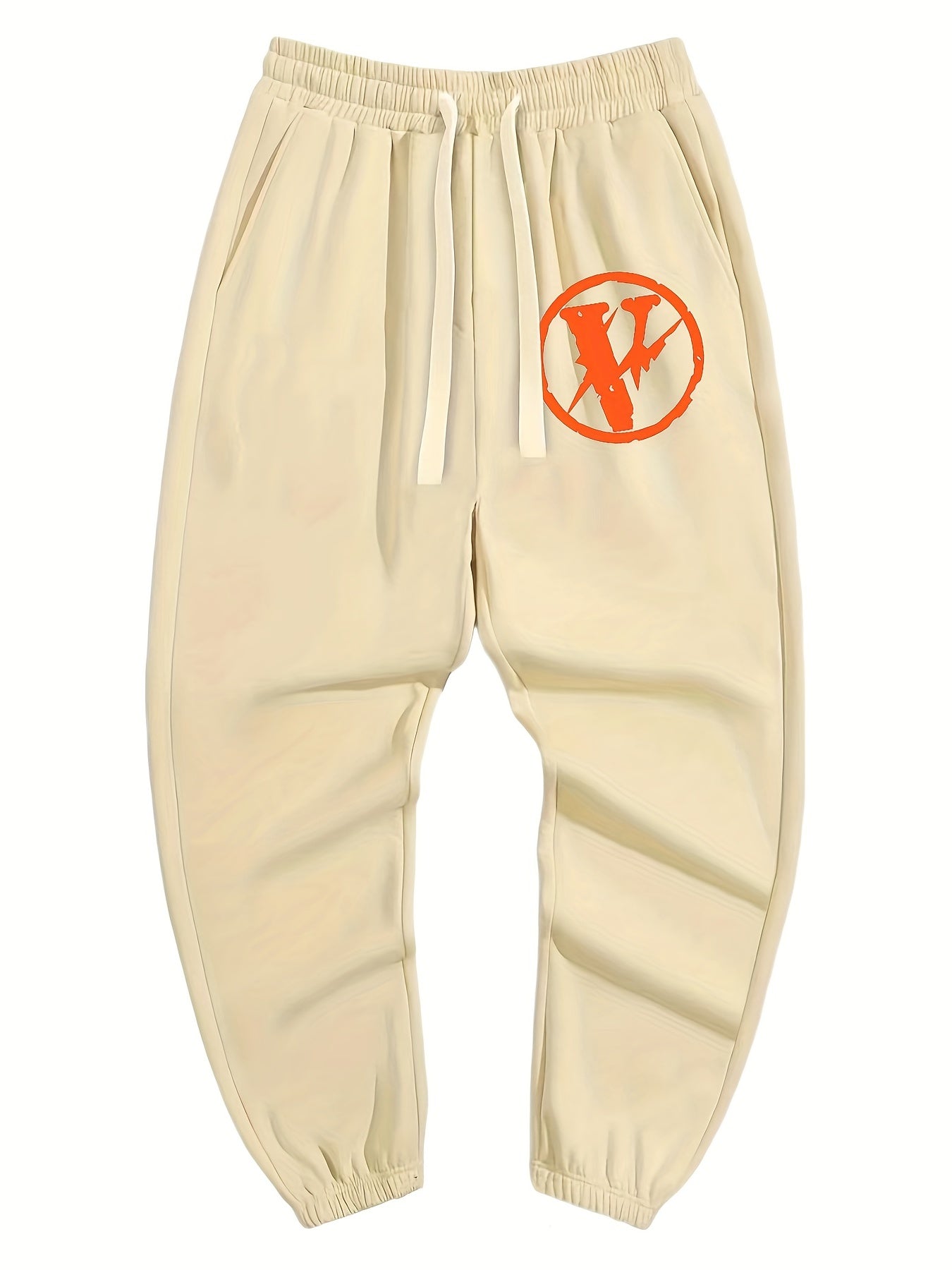 Men's Casual Wide Leg Drawstring Pants - Letter V Print