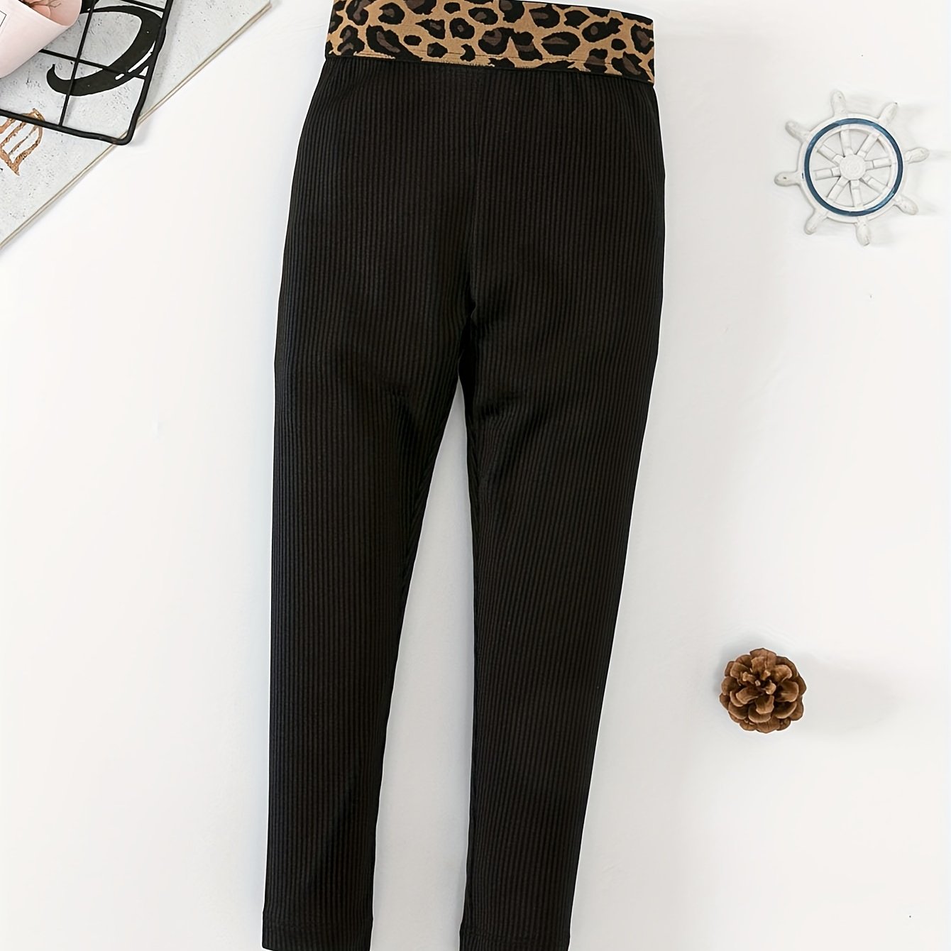 Girl's High Waist Leggings with Leopard Waistband