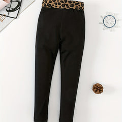 Girl's High Waist Leggings with Leopard Waistband