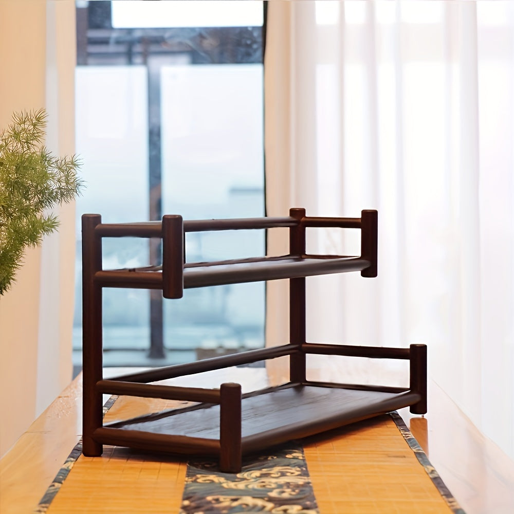Double Shelf Solid Wood Storage Rack Tea Set Rack Succulent Rack
