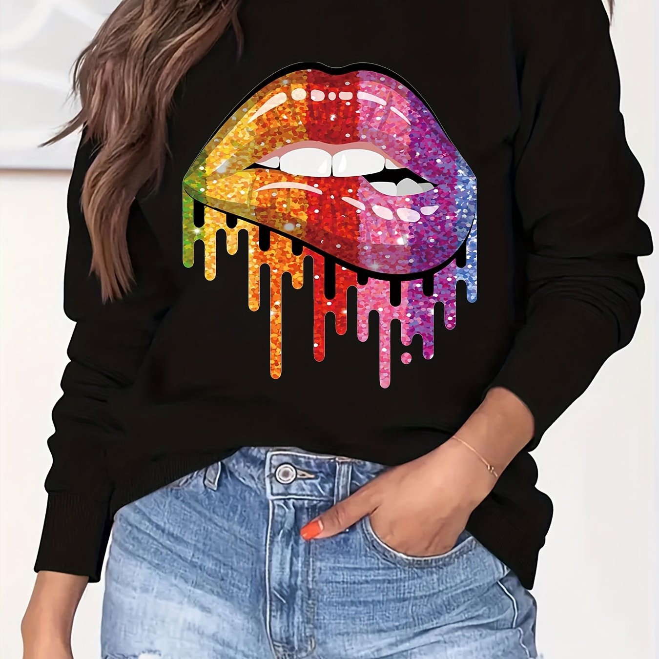 Colorful Lip Print Loose Sweatshirt Casual Long Sleeve