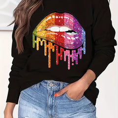 Colorful Lip Print Loose Sweatshirt Casual Long Sleeve