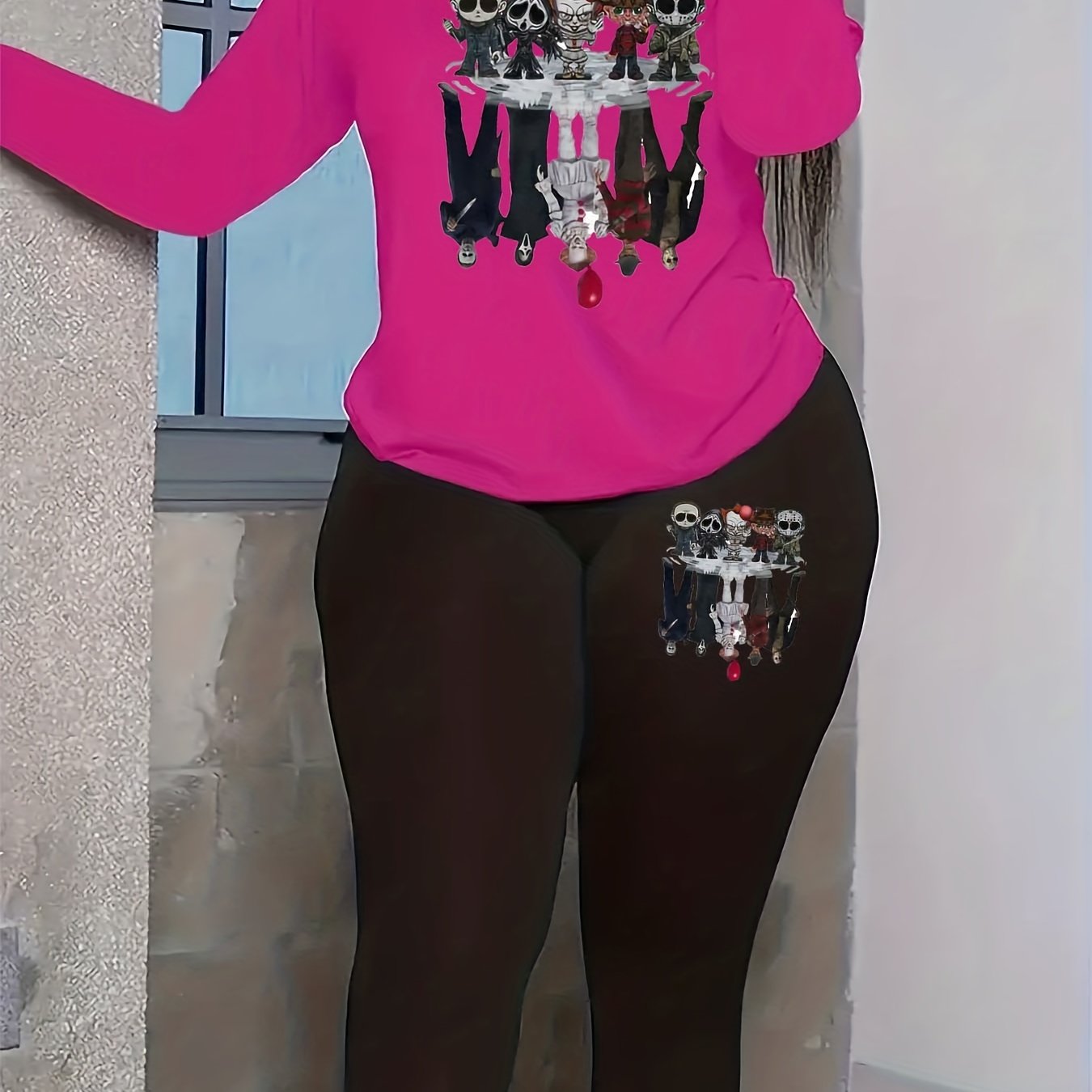 Women's Plus Horror Cartoon Print Top & Leggings Set