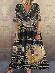 Boho Dress Women's Plus Geometric Print V Neck Short Sleeve Maxi Dress