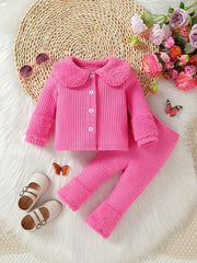 Baby Girls Colorful Cardigan & Pants Set with Furry Cuffs - Fall Winter